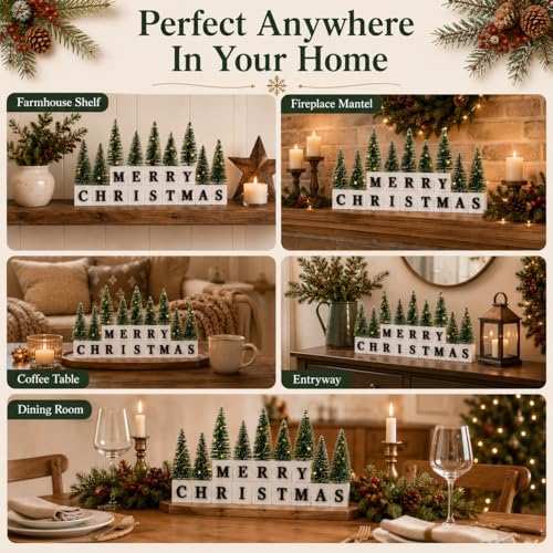 Merry Christmas Table Decor with Warm Lighted Mini Trees and 3D Letters