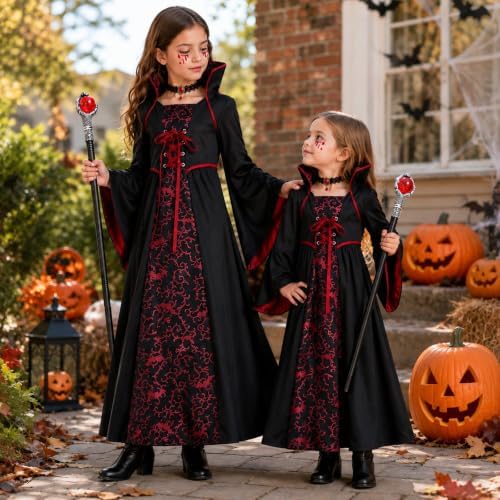 5Pcs Vampire Costume Vampiress Dress Cosplay Outfit for Girls 3-12 Years