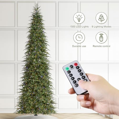 Glitzhome 15ft Prelit Artificial Christmas Tree,Radiant Evergreen Fir with 1500 Warm White/Multi-color LED Lights,9 Function,w/Remote Control,Slim Xmas Tree w/Metal Hinges & Foldable Base,Simple Setup
