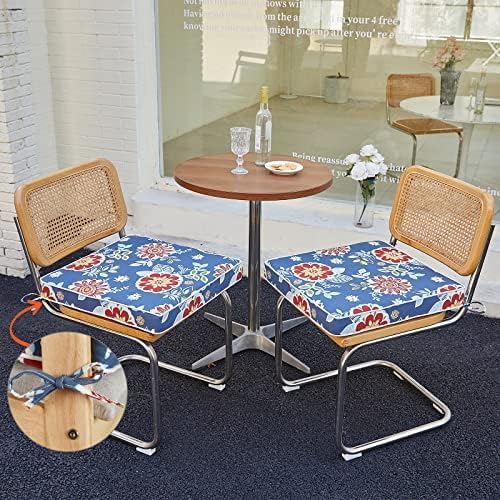 JMGBird Outdoor Chair Cushions Set of 4 - Waterproof Patio Seat Cushions 19x19 Inch with Ties, Blue Flower Floral Pattern High Density Foam Square Cushions for Garden Furniture