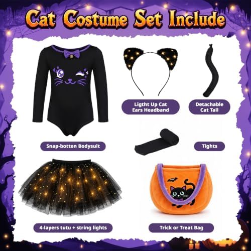 GIFTINBOX Halloween Black Cat Costume for Girls Kids, Light Up Outfit Set