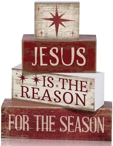 Lineshading 4 Pcs Christmas Table Decor, Wooden Nativity Scene Block Signs
