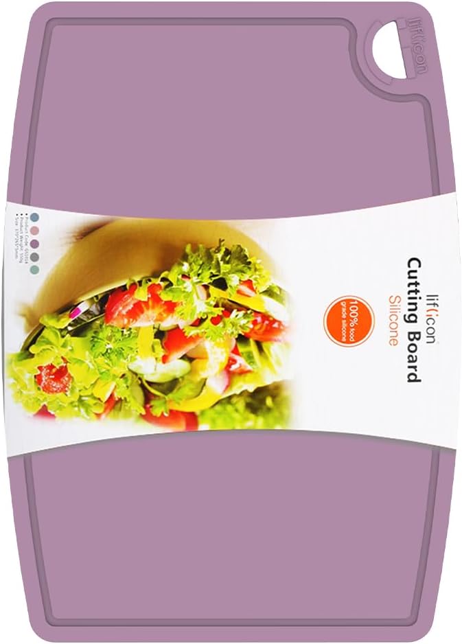 Thick Silicone Cutting Board 12.6'' x 9.1'' Foldable & Flexible Design Juice Grooves Easy Grip Handle Dishwasher Safe-Plum Purple