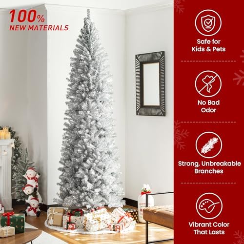 Glitzhome Pencil Tinsel Artificial Christmas Tree, 9ft Silver Christmas Tree with 1860 Branch Tips and Foldable Metal Stand for Home Office Party Decoration