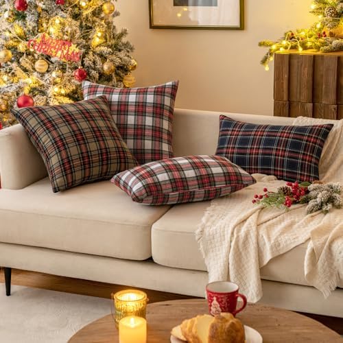MIULEE Christmas Plaid Pillow Cover Scottish Tartan 12x24 Red and White