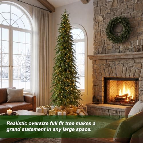 Glitzhome Prelit Artificial Christmas Tree, 15ft Slim Chicago Evergreen Spruce Tree with 1,500 Warm White & Multi-Color LED Lights, 5883 Branch Tips, 9 Lighting Modes w/Remote Control, Easy Setup