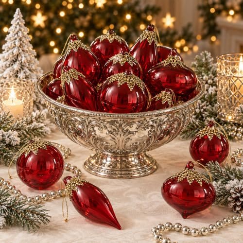 Yerliker 12 Pcs Red Christmas Glass Ball Ornaments Xmas Hanging Decoration