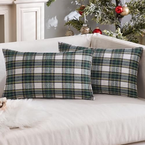 MIULEE Christmas Plaid Pillow Covers Scottish Tartan 12x20 Green and White