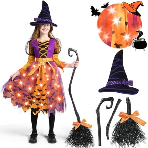 Spooktacular Creations Light Up Polka Dots Witch Tutu Costume for Girls Toddlers Starry Witch Dress with Magic Hat and Broom