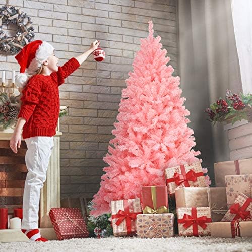 HAPPYGRILL 6FT Artificial Pink Christmas Tree with Stand New PVC Material Rich Thicken Tips Christmas Festival Decoration