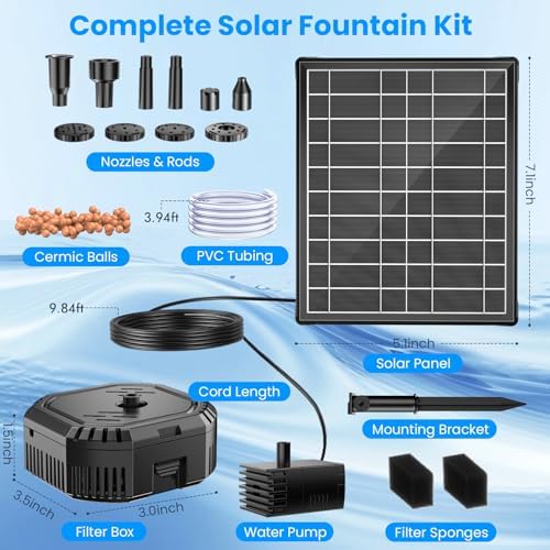 Antfraer 7W Solar Pond Filter with 3600mAh Battery Backup & Fountain Pump, Solar Water Fountain Pump with 8 Nozzles & PVC Tubing, Solar Fountain for Bird Bath, Small Ponds, Waterfall, Hydroponics