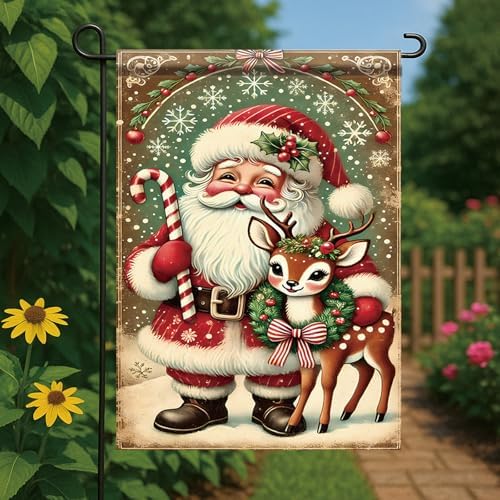 Christmas Garden Flag Santa Claus with Reindeer Flag Holiday Outdoor Yard Decoration 12x18 Inch Double Sided Winter Banner Candy Cane Snowflake Wreath Seasonal Lawn Porch Patio Decor