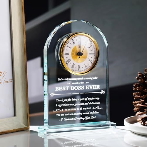 YWHL Best Boss Birthday Gifts for Women Men, Meaningful Boss Appreciation Gift for Female, Laser Engraving Glass Table Clock for Boss's Day Retirement Work Anniversary (Battery not Included)