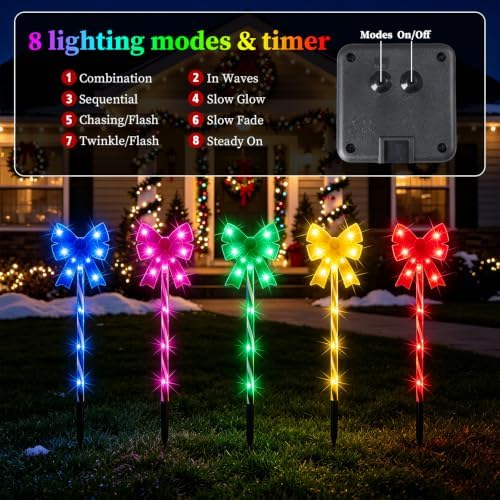 Solar 5PCS Christmas Bow 50LED Outdoor String Lights with Stakes Multicolor