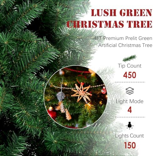 4FT Pre-Lit Green Small Christmas Tree 450 PVC Branch 150 Warm Lights