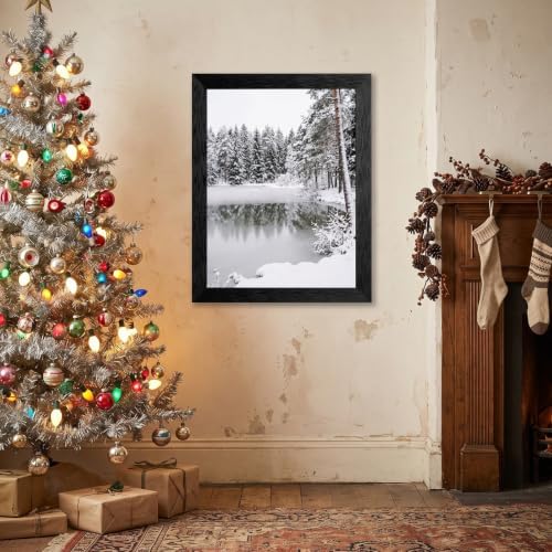 Framed Frozen Pond Canvas Wall Art, Winter Pines, Black Frame Inch 24x36
