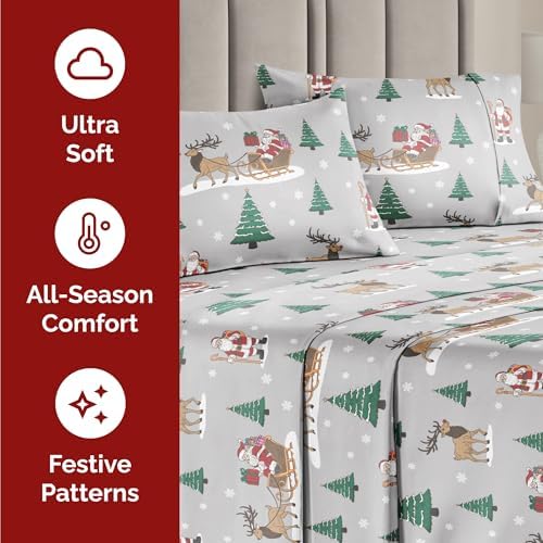 Christmas Sheet Set, Santa’s Sleigh, Holiday Xmas Bedding Set - Twin XL