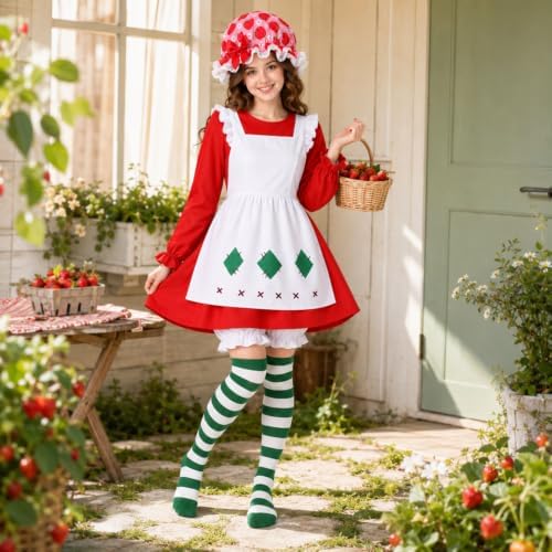 5 Pcs Women's Halloween Strawberry Cake Cosplay Costume Set, Red Dress