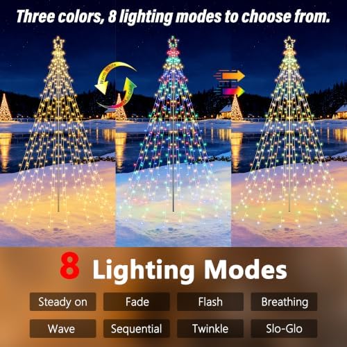 Outdoor Christmas Tree Lights with Pole, 10 FT, Warm White and Multicolor