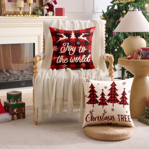 Plaid Christmas Pillow Covers 16x16 Buffalo Check Set of 4 Red Black Christmas Decorations Farmhouse Throw Pillow Covers Winter Holiday Linen Cushion Case for Home Sofa Couch Bed Chair