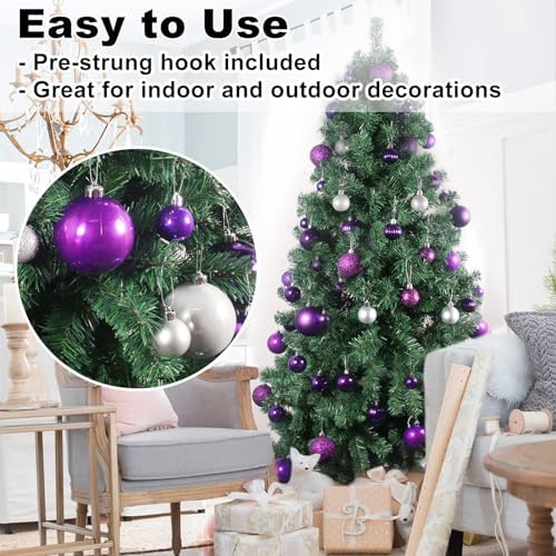 Purple & Silver 3.2" Large Christmas Balls - Christmas Tree Decoration Ornaments Shatterproof Hanging Balls for Birthday Halloween Holiday Wedding Decorations Set of 24pcs