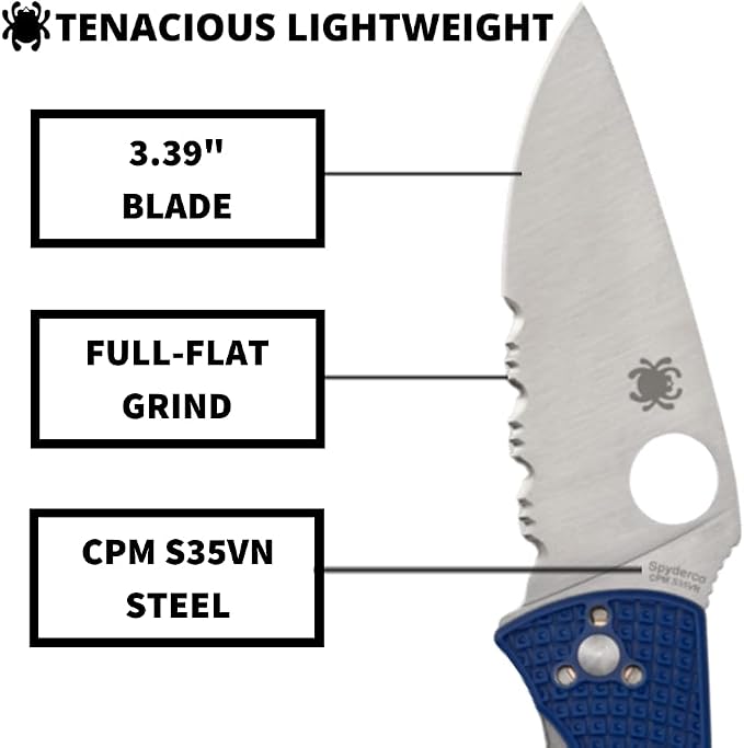 Spyderco Tenacious Lightweight Folding Utility Pocket Knife with 3.39" CPM S35VN Steel Blade and Blue nylon Handle - Everyday Carry - CombinationEdge - C122PSBL | 3.3" CPM S35VN Steel Blade, Blue, FRN Handle