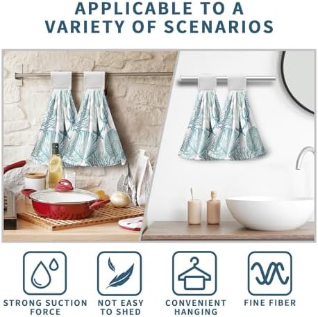 2 Pcs Nautical Coastal Hanging Hand Towels with Loop Summer Beach Blue Starfish Seashell Coral Kitchen Tie Towels Turquoise Teal Fingertip Bath Towel Fast Drying Dish Washcloths