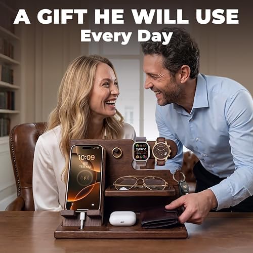 TESLYAR Wood Phone Docking Station for Men - Desk or Nightstand Organizer - Birthday Gifts for Husband, Dad - Anniversary Idea from Wife - Key Holder, Stand Wallet, Watch & Essentials (Bourbon Brown)