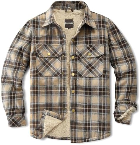 Men's Sherpa Cotton Flannel Shirt Jacket Plaid Button Coat Pocket