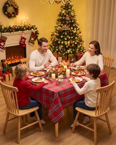 Red Christmas Tablecloth Square, Tartan Plaid, 60x60 Inch