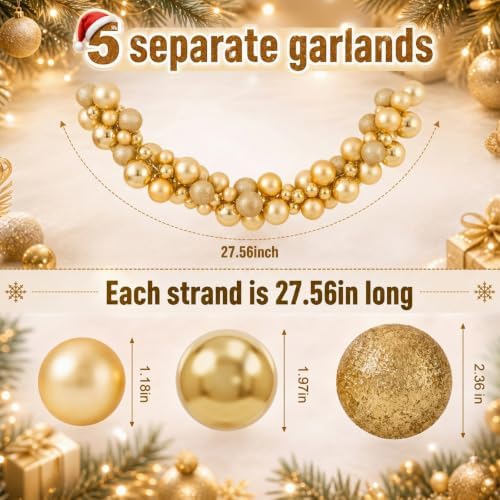 Silipull 5 Pcs 2.3 ft Large Christmas Ball Garland Ornaments, Gold