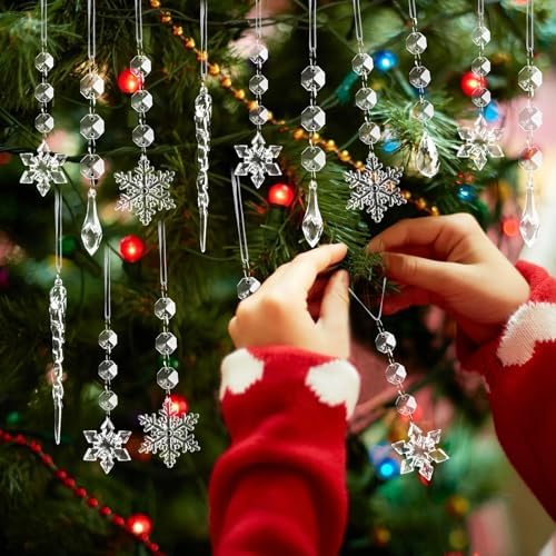 Crystal Christmas Tree Ornaments, Clear Acrylic Snowflake & Icicle, 80pcs