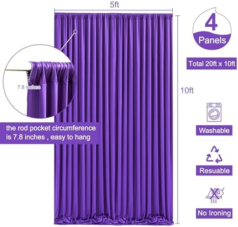4 Panels Purple Backdrop Curtain for Parties Wedding Wrinkle Free Purple Photo Curtains Backdrop Drapes Fabric Decoration for Birthday Party Photography 20ft(W) x 10ft(H)