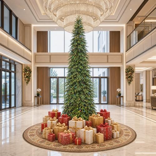 Glitzhome 15ft Prelit Artificial Christmas Tree, Slim Pencil Christmas Tree Chicago Evergreen Spruce with 1,500 Warm White & Multi-Color LED Lights, Hinged Xmas Tree Easy Setup for Holiday Decor