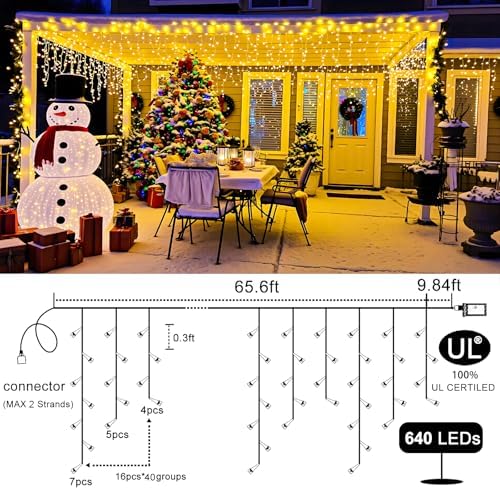 Icicle Lights for Outside 66FT 640 LED Warm White Christmas Lights Outdoor