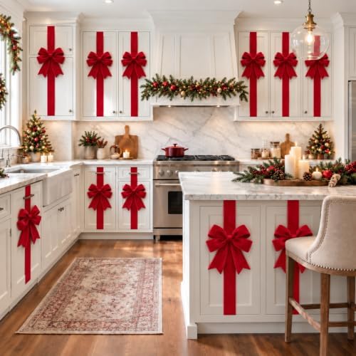 Daifunli 6 Pcs Bright Red Velvet Christmas Cabinet Bows Ribbons for Kitchen