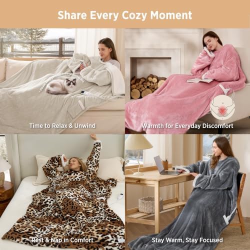 Bedsure Wearable Heated Blanket with Foot Pocket, 50x71+18", Leopard Print