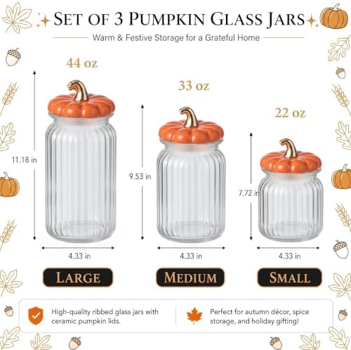 Mimorou 3 Set Fall Pumpkin Glass Jar with Pumpkin Airtight Ceramic Lid 44 oz 33 oz 22oz Clear Candy Jar Food Storage Canister for Thanksgiving Party Tea Cookie Table Decoration(Orange, Glass Jar)