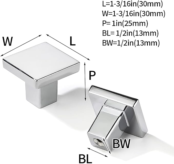 khtumeware 10 Pack Polished Chrome Cabinet Knobs 1-1/4 inch(32mm) Solid Heavy Duty Square Bi-Fold Door Knob for Kitchen Bathroom and Dressing Table