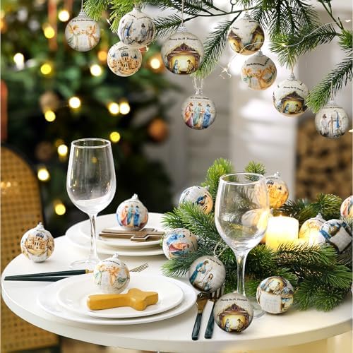 Outus 24 Pcs Nativity Scene Christmas Tree Ornaments Ball Christmas Jesus Decorations for Tree Vintage Christian Religious Hanging Ornaments The Birth of Jesus Decor Religious Gifts for Christian