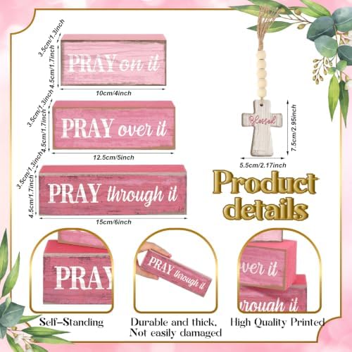 Moucuny 4 Pcs Pink Christian Table Decor Cross Wooden Bible Verse Sign