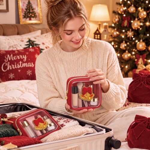 Abbylike 1 Pcs Christmas Preppy Patch Makeup Bags Bulk Holiday Makeup Bag Skincare Pouch Xmas Zipper Cosmetic Pouch Preppy Thing for Travel Christmas Women Gift (Classic,Red)