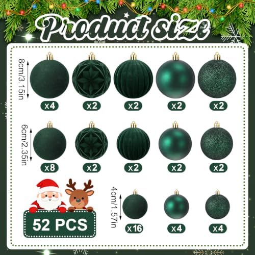 Civaner 52 Pcs Velvet Christmas Ball Ornaments Flocked Christmas Tree Hanging Ornaments 3 Assorted Size Shatterproof Xmas Ball Decorations Set for Xmas Holiday Winter Party Decor(Dark Green)