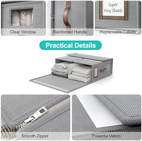 6 Pack Bed Sheets Organizers And Storage,Sheets Set Folder Keeper with Handle,Foldable Bedding Storage Box For Linen Closet,Duvet Cover(Cal King Size-5.2 Gal,Gray)