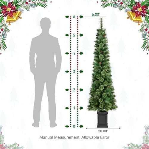 Glitzhome 6ft Prelit Artificial Christmas Tree, Green Cashmere Pine Christmas Porch Tree with pinecones,272 Pine&PVC Branch Tips,130 Warm White/Multi-Color Lights,9 Function w/Remote Control