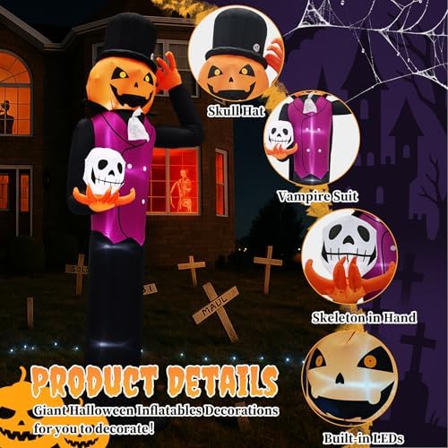 Outvita Halloween Inflatables Giant Pumpkin Vampire 12FT Holding Skull, Giant Blow Up Outdoor Decoration with LEDs, Large Halloween Decor for Yard, Party, Garden, Party, Garden