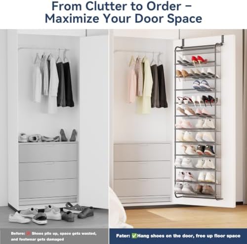 Whitmor 36 Pair Over the Door Shoe Rack,12 Tier Hanging Shoe Organizer with Metal Frame & Mesh Shelves, Heavy Duty Shoe Storage Holder for Door, 74" H x 21.7" W x 7.5" D, Gunmetal Gray