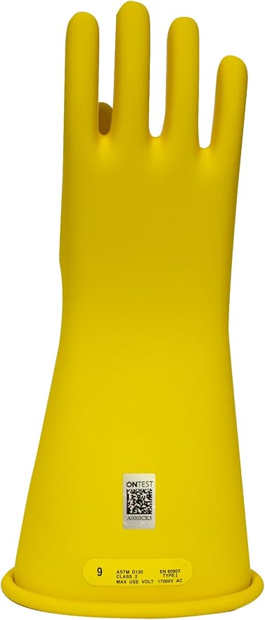 Enespro Class 2 Yellow Rubber Voltage Insulating Gloves, Max. Use Voltage 17000V AC/25500V DC, GC2Y12