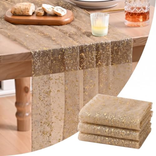 Artoid Mode 3PCCoffee Gold Gauze Table Runner 120 Inch 10FT, Glitter Metallic Foil Sheer Dining Wedding Anniversary Holiday Birthday Table Decor for Home Party