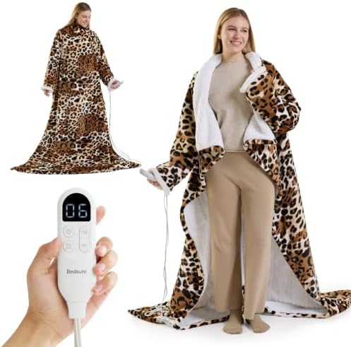 Bedsure Wearable Heated Blanket with Foot Pocket, 50x71+18", Leopard Print
